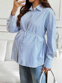 SHEIN 孕妇休闲条纹印花纽扣腰衬衫 - 藍白色 - 查看 7