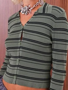 COUREZ 条纹修身针织长袖 Polo 衫 / Y2K 风格，适合外出穿着，春季百搭，返校季必备。 - 彩色 - 查看 6