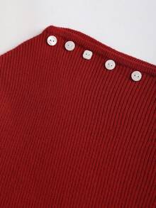Sweetra Nouveau Top tricoté ajusté avec taille cintrée, épaule asymétrique et décorations de boutons, en rouge ample - Rouge - Voir 6