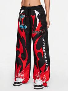 ROMWE Street Life 女款街头风格赛车赛博朋克荆棘火焰徽章降落伞裤 - 黑色 - 查看 5