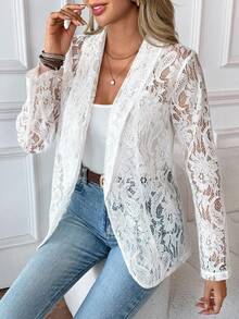 EMERY ROSE Ladies' Lace Loose Jacket With Shawl Collar And Half Curve Hem For Holiday Party Clothes - White - View 1