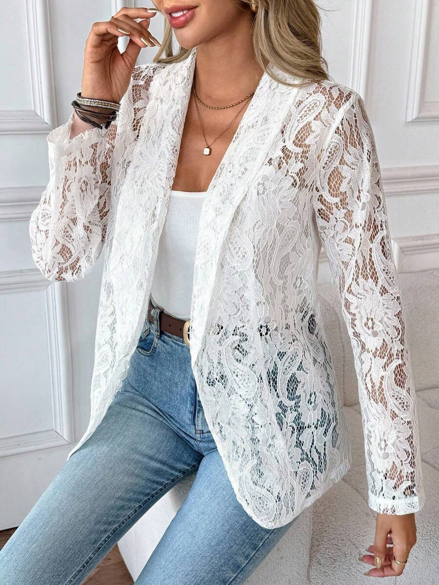 EMERY ROSE Ladies' Lace Loose Jacket With Shawl Collar And Half Curve Hem For Holiday Party Clothes - White - View 1