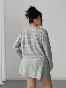 Elenzga Set jachetă elegantă în carouri, cu mânecă lungă, scurtă și fustă scurtă, mărime plus, primăvară/toamnă - Alb-negru - Vizualizare 2