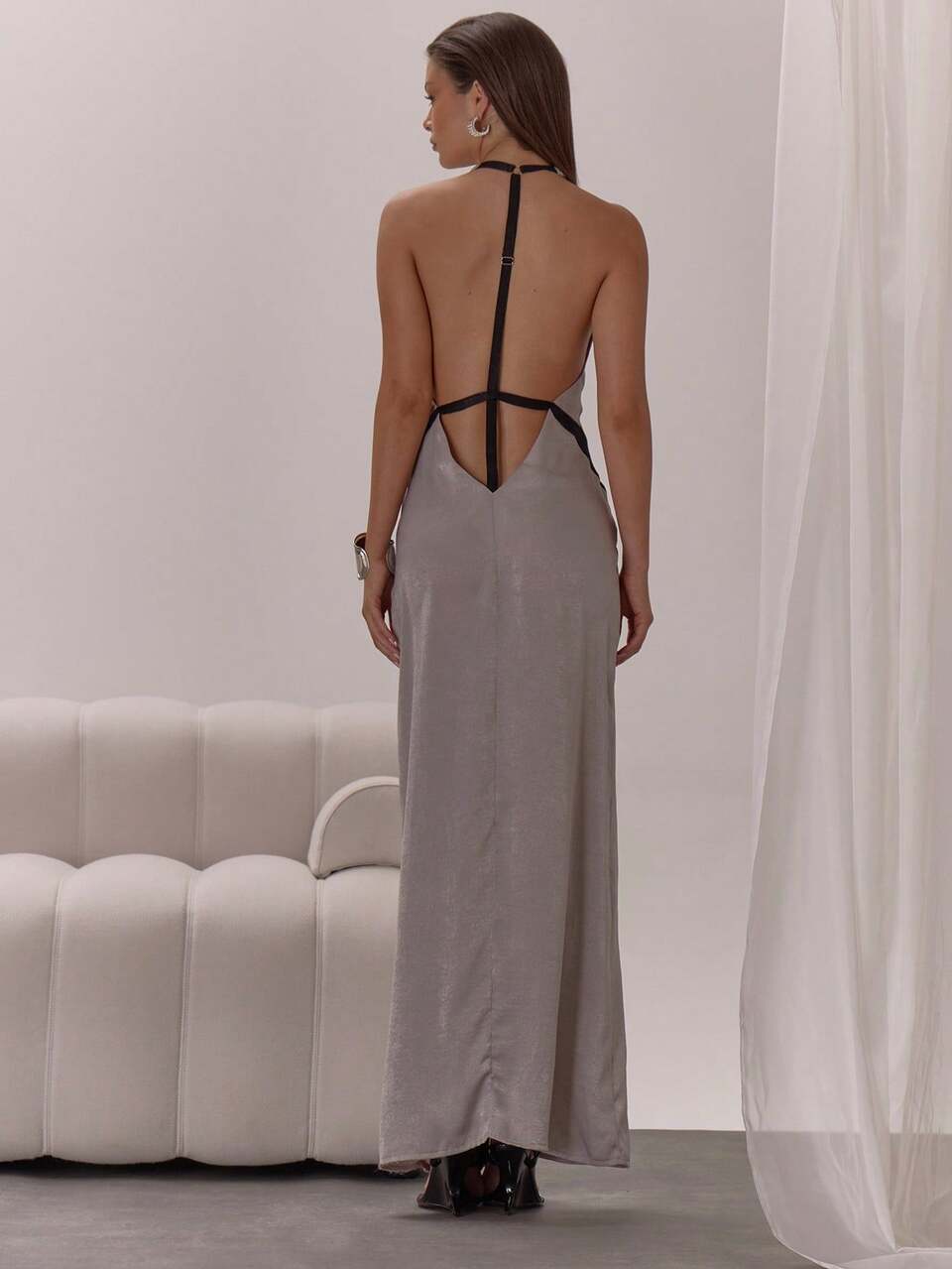 Grey Summer Elegant Plunge Satin Halterneck Open Back Maxi Dress,Classy Night Out Bar Party Wedding Guest Vacation Autumn Layered Graduation Long