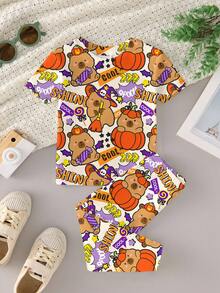 SHEIN 万圣节男婴南瓜熊印花长袖连体衣，适合幼儿的可爱秋季睡衣，柔软拉链连体衣，不给糖就捣蛋服装 - 彩色 - 查看 2