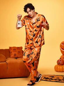 Halloween Satin Shiny Wizard Hat Funny Print Silly Pumpkin Bat Skull Family Party Cardigan Pajama Set 2pcs For Men - Orange - View 4