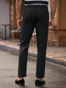 HIMLAND Men's Casual Tapered Trousers With Zipper Back Pockets, Solid Color - Black - View 4