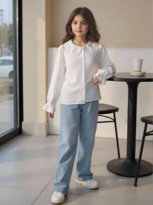 SHEIN Tween Girl Ruffle Collar Petal Trim White Blouse Suitable For Back To School - White - View 11
