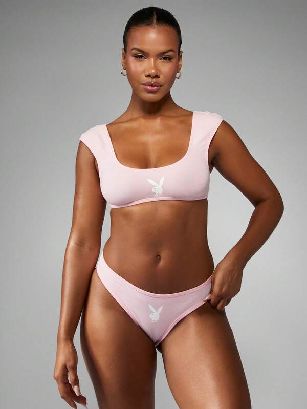 Missguided x Playboy Sujetador deportivo de mujer con mangas cortas, logo de conejo retro, tirantes anchos, cuello de pico, de bajo impacto, mezcla de algodón sin forro, lencería, ropa de estar en casa, pijama, suave y elástico, cómodo