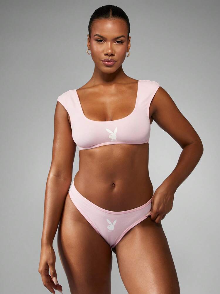 Missguided x Playboy Women Cap Sleeve Bralette Retro Bunny Logo Wide Strap Scoop Neck Low Impact Cotton Blend Unlined Lingerie Loungewear Sleepwear Soft Stretch Comfort
