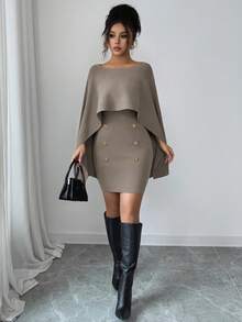 Elenzga 2 Pieces Vintage Asymmetrical Knit Poncho Cape Slip Dress Women's Suit, High-End Atmosphere Sweater Set, Autumn/Winter 2025 New Arrival Fall Cloth For Women - Multicolor - View 3