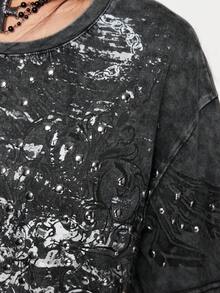 ROMWE Grunge Punk Y2K Vintage Distressed Oversized T-Shirt With Rhinestone Embellished Butterfly Wing Print - Dark Grey - View 5