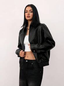 SHEIN Tall Women's Fall Winter Casual Daily Fashion Street Zip-Up Loose Jacket, Autumn Black Leather Jacket Women