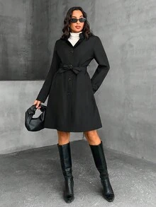 EURMUSE Women's Long Fit FW Fashion Belted Hooded Regular Coat - Black - View 6
