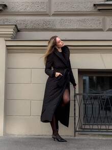 MOTF PREMIUM 女士纯色系腰带长款冬季大衣 - 黑色 - 查看 4