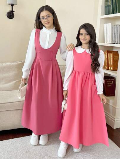 SHEIN 青少年专属休闲舒适精致优雅褶皱荷叶边衬衫搭配褶皱长裙 2 件套