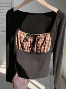 Comfortcana Women's Fitted Plaid Print Twist Collar Elegant Long Sleeve T-Shirt - Black - View 5