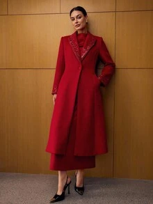 MOTF PREMIUM WOOL SEQUIN BEADED EMBROIDERY PANEL PEAK COLLAR SLANT POCKET OVERCOAT