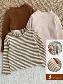 SHEIN LMoss Kids LMoss Baby Girl 3pcs Baby Girl Knitted Striped Collar Casual T-Shirt Set Baby Girl Long Sleeve Shirt Baby Girl Knit Top Baby Girl Long Sleeve Top Baby Girl Striped Shirt Baby Girl Casual Top Fall Winter
