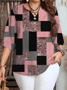 Mellowie Camisa de talla grande con estampado de bloques de color texturizado, adecuada para el verano