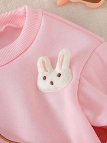 Playful Pals 两件套女婴可爱兔子T恤套装，圆领长袖3D立体刺绣兔子T恤上衣搭配松紧腰裤，保暖内衬休闲套装，适合温暖秋冬季日常外出穿着。 - 粉色 - 查看 7