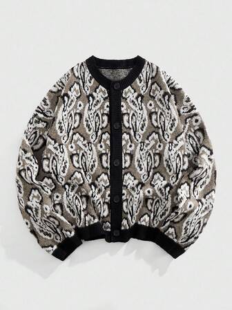Street Life Men's Fashionable Jacquard Cardigan With Cashew Flower Pattern, Autumn/Winter