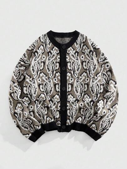 Street Life Men's Fashionable Jacquard Cardigan With Cashew Flower Pattern, Autumn/Winter