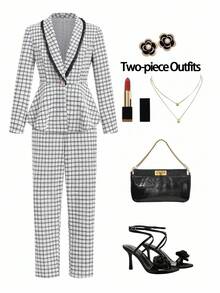 Ellevyn 女士优雅格子翻领长袖收腰夹克和裤子套装，秋季 - 黑與白 - 查看 9