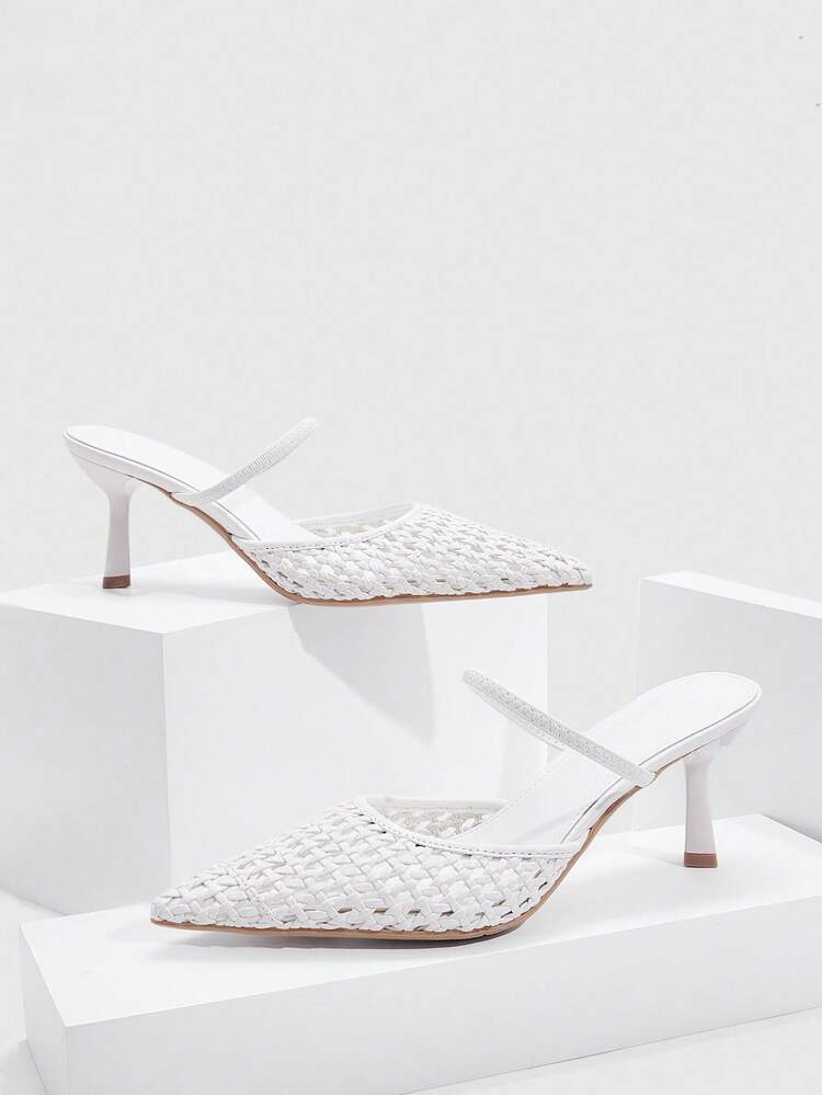 CUCCOO SZL Tacones altos para mujer, stilettos de punta puntiaguda con rhinestones de PVC, mules plateadas transparentes sin talón, tacones altos plateados y sexys