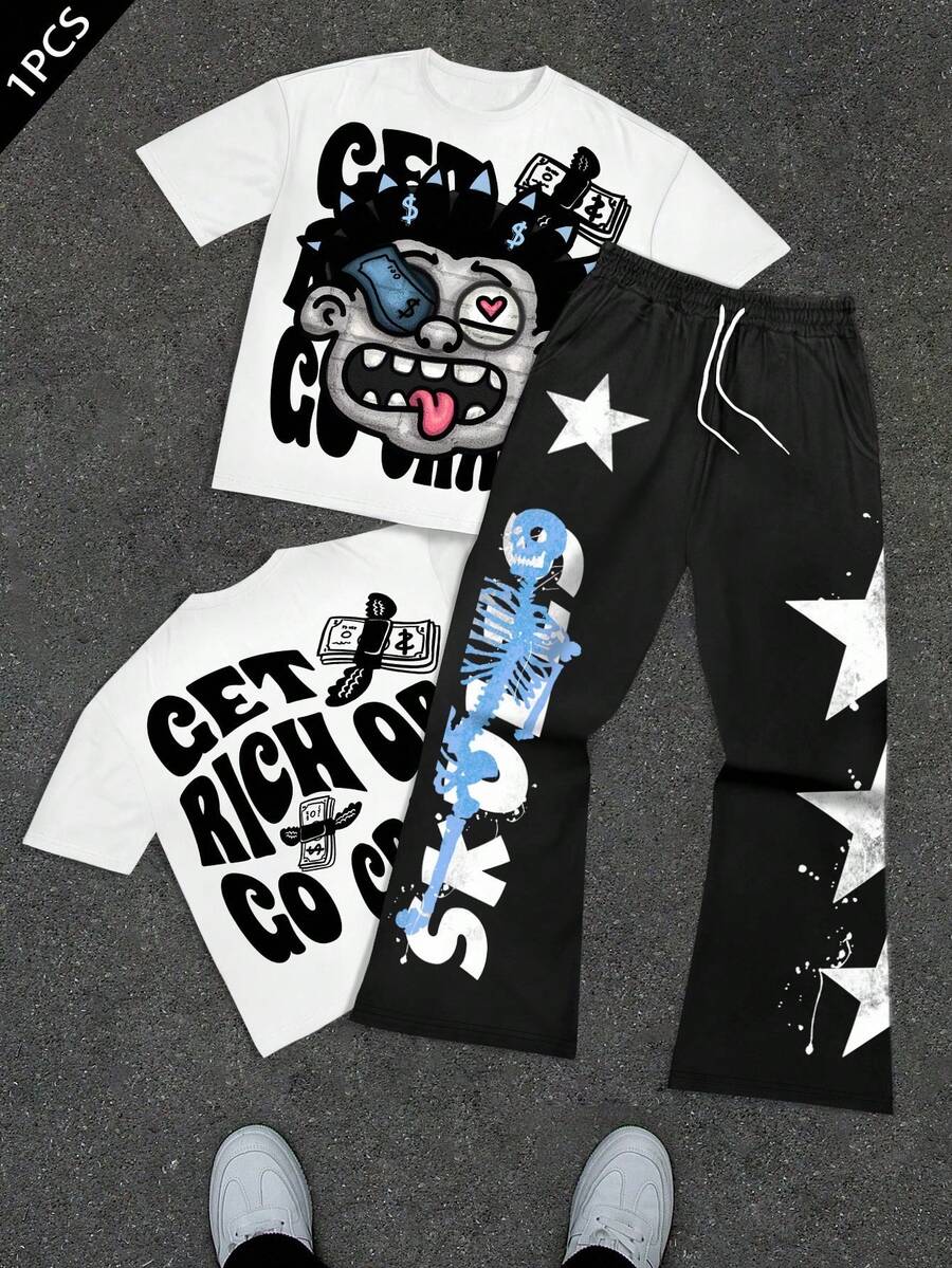 Manfinity EMRG 2pcs Men Funny Portrait & Letter Graphic Casual Street Style Round Neck Short Sleeve T-Shirt And Flared Sweatpants Set