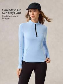 OutZeal 女士运动卫衣健身服高尔夫POLO衫长袖防紫外线凉爽触感立领半拉链上衣 - 淺藍色 - 查看 2