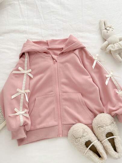 Genkimix Kids 年轻女孩蝴蝶结装饰休闲纯色连帽夹克