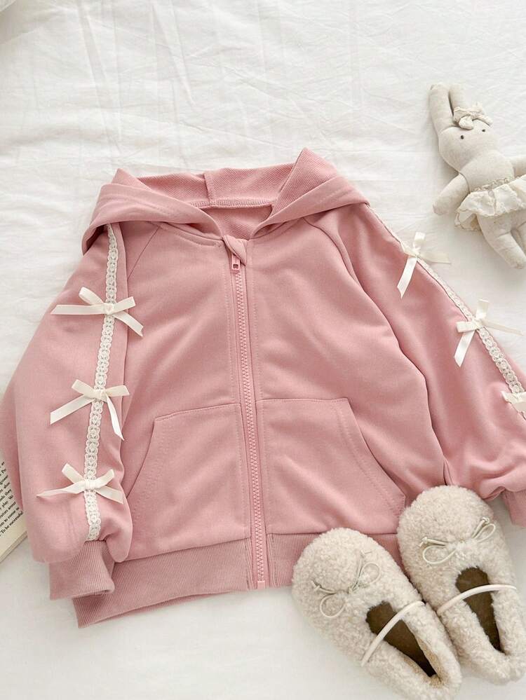 Genkimix Kids 年轻女孩蝴蝶结装饰休闲纯色连帽夹克 - 粉色 - 查看 1