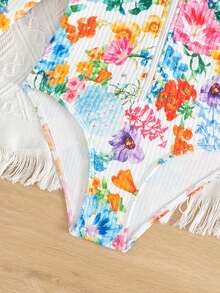 SHEIN Young Girl Ribbed Floral Print Long Sleeve Zipper One Piece Rash Guard Swimsuit, Mommy And Me Matching Outfits (3 Pieces Sold Separately) - Multicolor - View 4