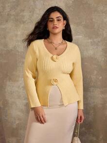 Flirla Plus Size Elegant Commuter Solid Color 3D Floral Decor Split Hem Sweater Fall Winter Cloth For Women Autumn - Yellow - View 4