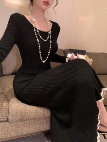 DAZY 女士优雅拼色圆领毛衣裙，秋季舞会礼服 - 黑色 - 查看 6