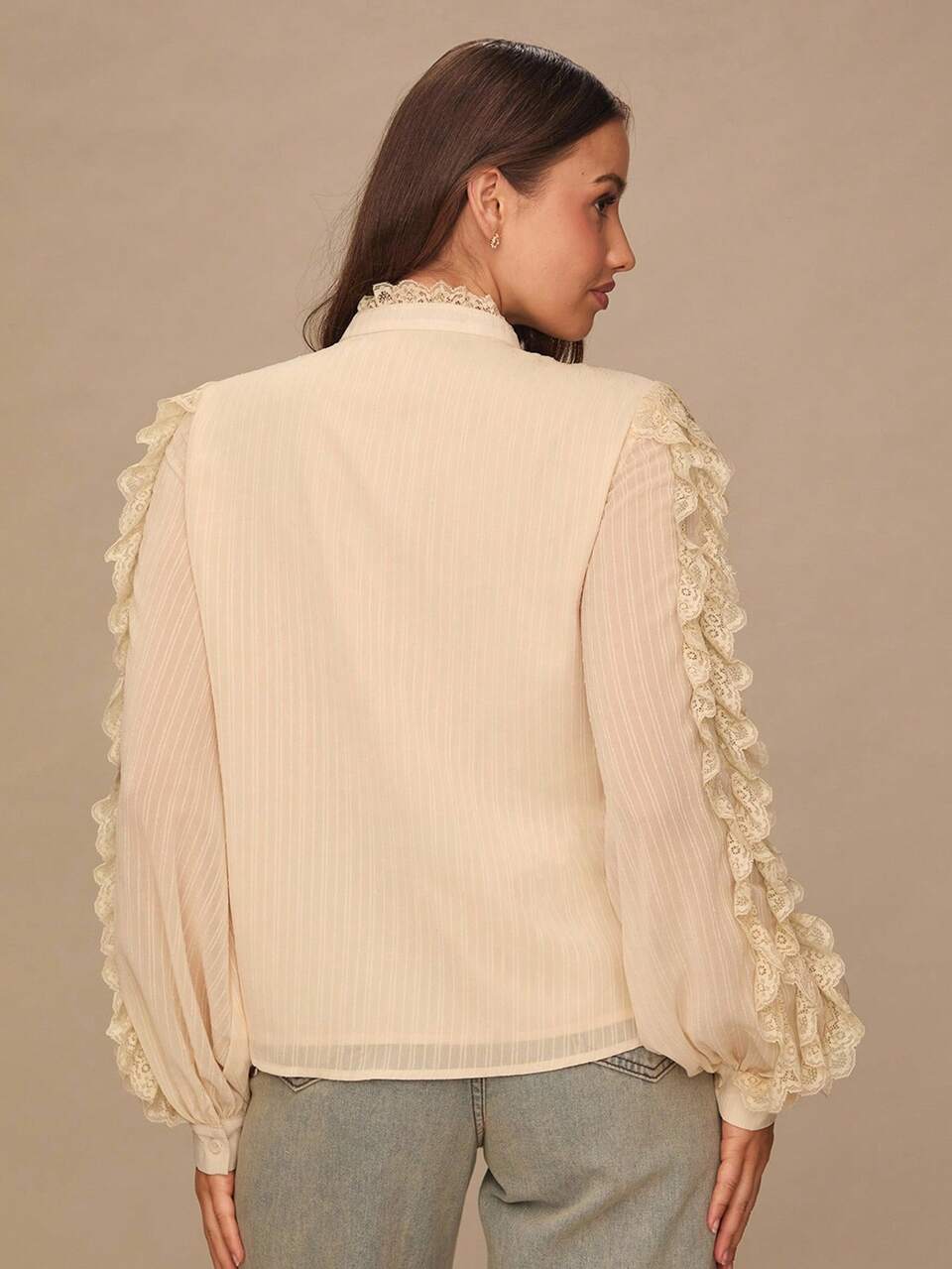 Enchnt Women's Elegant Apricot Long-Sleeved Blouse With Lace Trim And Buttons,Sweet Summer Top For Tea Party,Vacation,Date And Wedding Guest Wear