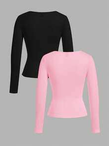 SHEIN EZwear 两件套加大码女式纯色圆领上衣套装，休闲长袖T恤衫，适合秋冬季穿着 - 彩色 - 查看 2