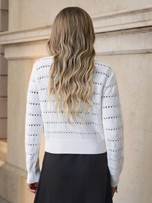 SHEIN Clasi 女士休闲米色短款镂空纽扣开衫 - 米色 - 查看 2