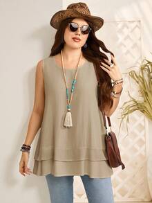 EMERY ROSE Plus Size Solid Color Casual Sleeveless Tank Top, Summer - Apricot - View 1