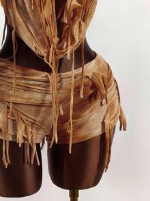 Amplova 2 件套：深垂领露背上衣和独特面料的破洞迷你短裤 - 彩色 - 查看 5