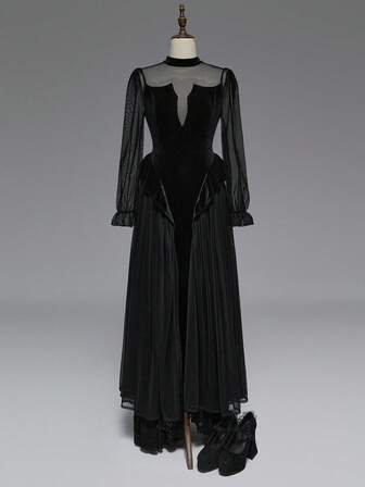 EDITION Black Long Sleeve Ruffle Lace-Up Mesh Gothic Style Dress For Women, Halloween