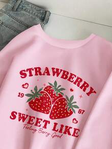 SHEIN EZwear 大码草莓印花休闲简约宽松加厚圆领长袖女式卫衣，粉色草莓图案卫衣，秋冬季可爱草莓水果卫衣 - 粉色 - 查看 4