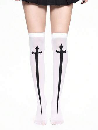 Grunge Punk 1 pieza Calcetines blancos sobre la rodilla, estilo kawaii, dulce, lindo, Y2K, sencillo y de moda, adecuados para anime, lolita, yandere, cosplay y atuendo diario