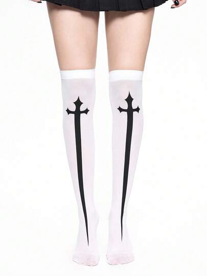 Grunge Punk 1pc White Kawaii Sweet Cute Y2K Cross Plain Simple Fashion Over-The-Knee Socks For Women, Suitable For Anime, Lolita, Yandere, Cosplay, Daily Outfit