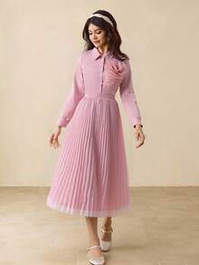 Teen Girls Light Pink Multilayer 3D Floral Long Sleeve Blouse & High Waist Pleated Skirt Set,Autumn Party Back To School Outfit,Elegant Minimalist - Pink - View 3