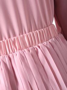 Teen Girls Light Pink Multilayer 3D Floral Long Sleeve Blouse & High Waist Pleated Skirt Set,Autumn Party Back To School Outfit,Elegant Minimalist - Pink - View 4