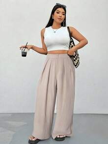 Solflare Plus Size Office Women Outfits,Black High Waist Straight Leg Casual Pants, Minimalist & Stylish For Daily Wear,Spring Fall Clothes,Fall Clothes For Women