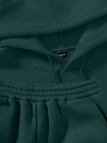 2pcs Women Minimalist Print Hooded Long Sleeve Top And Pants Set - Dark Green - View 4