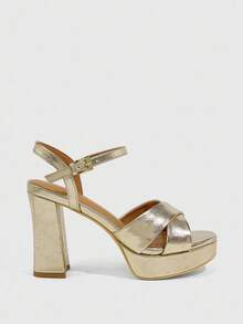 CUCCOO SZL 女士银色圆头粗跟中跟优雅休闲简约舒适一脚蹬高跟鞋，适合工作、通勤、正式场合、派对、婚礼 - 金色 - 查看 3